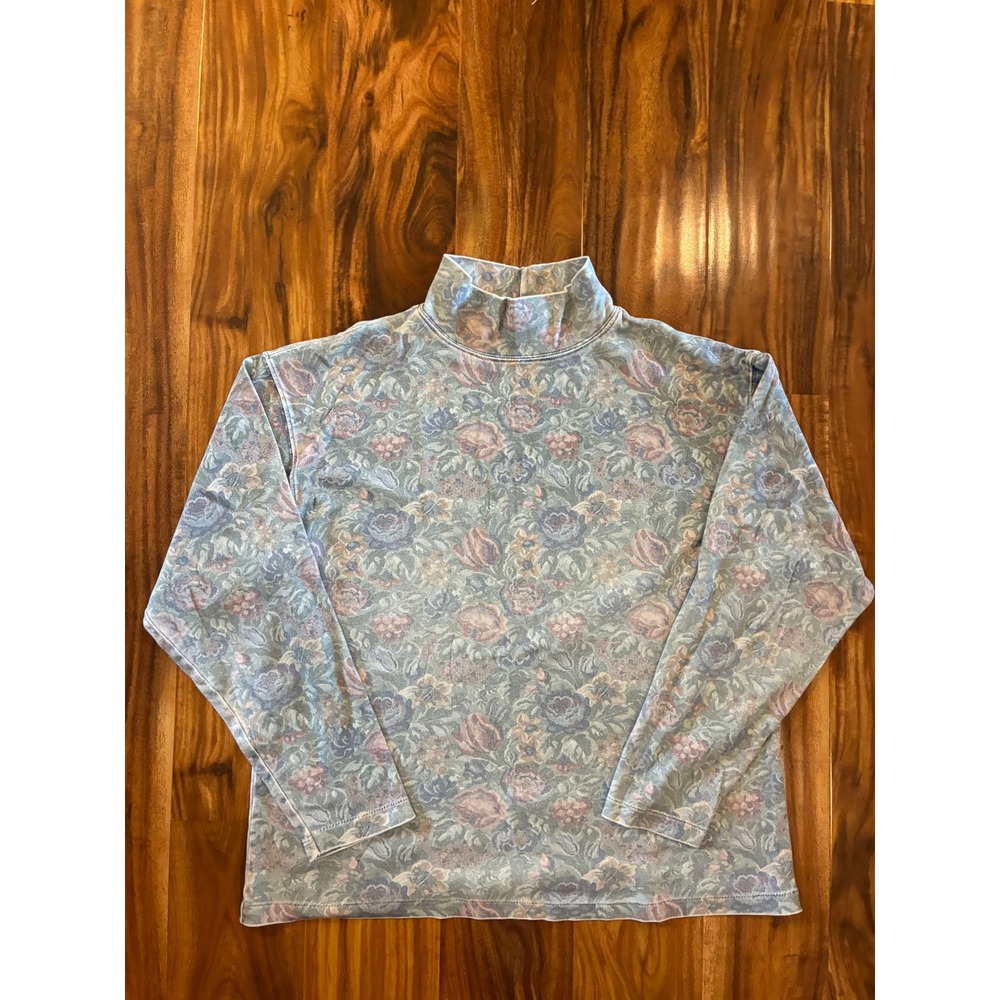 Vintage LL Bean Floral Mock Neck Top Womens Medium Blue Cotton Made in USA